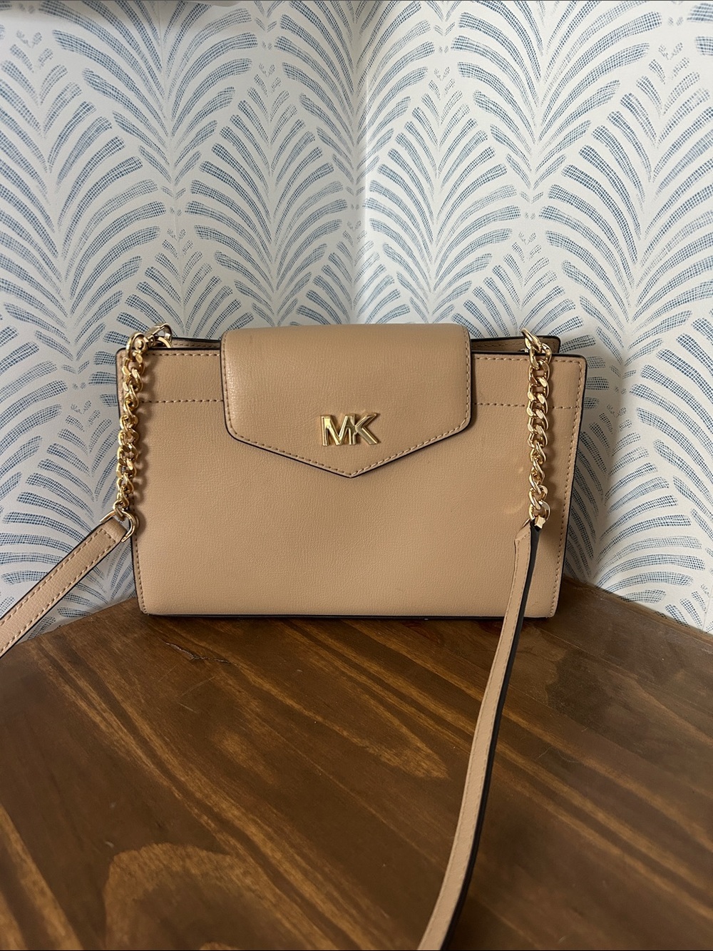 Michael Kors Neutral Beige Leather Crossbody with Gold Chain